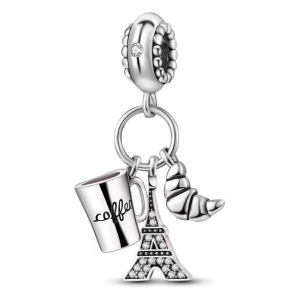 NWOT Paris Eiffel Tower Croissant Coffee France Holiday Dangle Charm Silver 925 - Picture 1 of 8